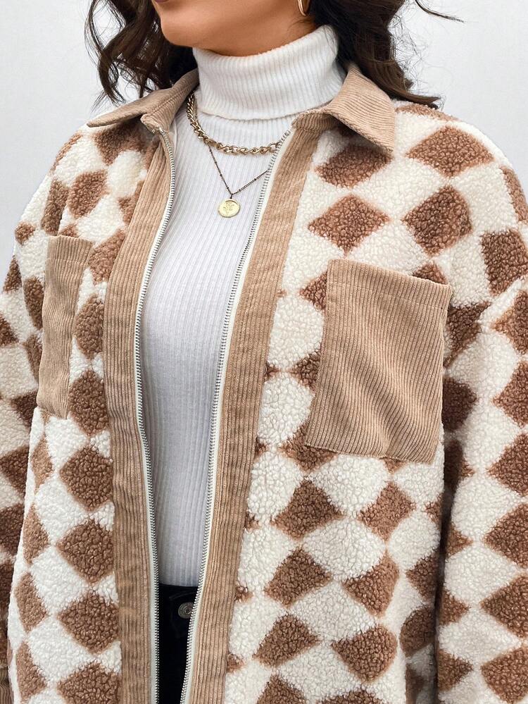 Plus Argyle Pattern Dual Pocket Drop Shoulder Teddy Coat