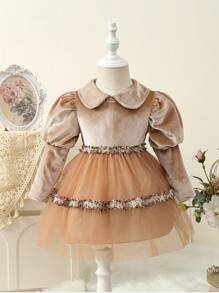 蕾絲拼接 網拼接 多層分層純色嬰童（女）洋裝