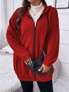 Flirla 大碼標語圖案落肩袖連帽夾克 - 紅色 - 查看 4