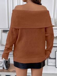 SHEIN Franclia Hơn Gấp lại Off Shoulder Đồ đan Ribbed Áo len - Rỉ Nâu - Xem 2