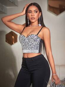 狂歡節日彩色水鑽珍珠串珠俱樂部緊身上衣吊帶短上衣緊身胸衣 - 黑色 - 查看 3