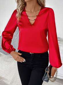 SHEIN Privé Chain Detail Lantern Sleeve Satin Blouse - Red - View 5