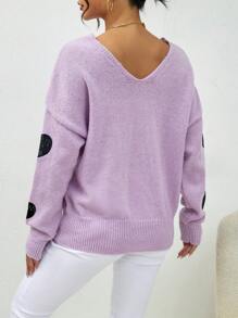 GENKIRA Suéter de punto con caída de hombros y estampado de corazones para otoño e invierno - Morado - Ver 2