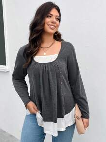 SHEIN LUNE Hơn Khối màu Chi tiết Nút Tee 2 trong1 - Xám - Xem 3