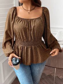 SHEIN CURVE+ Plus Leopard Print Lantern Sleeve Peplum Blouse - Multicolor - View 1