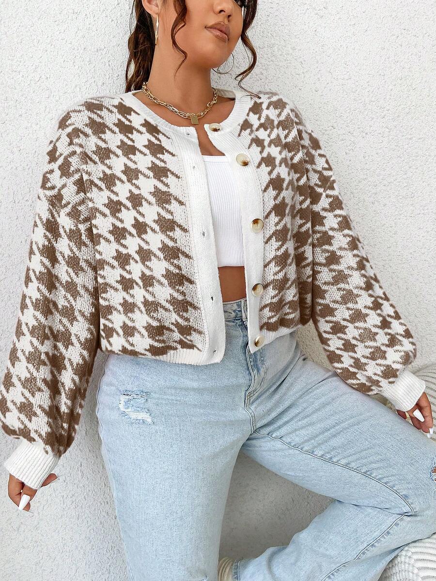 SHEIN Qutie 大碼千鳥格前排扣開襟衫 - 咖啡棕 - 查看 1