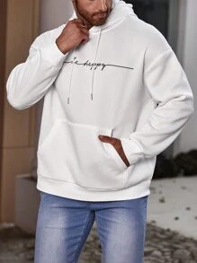 Manfinity Men Plus Letter Graphic Kangaroo Pocket Drawstring Hoodie - White - View 1