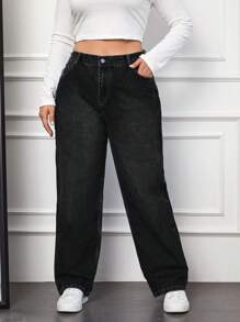 SHEIN Cottnline Plus Size Solid Color Jeans - Black - View 1
