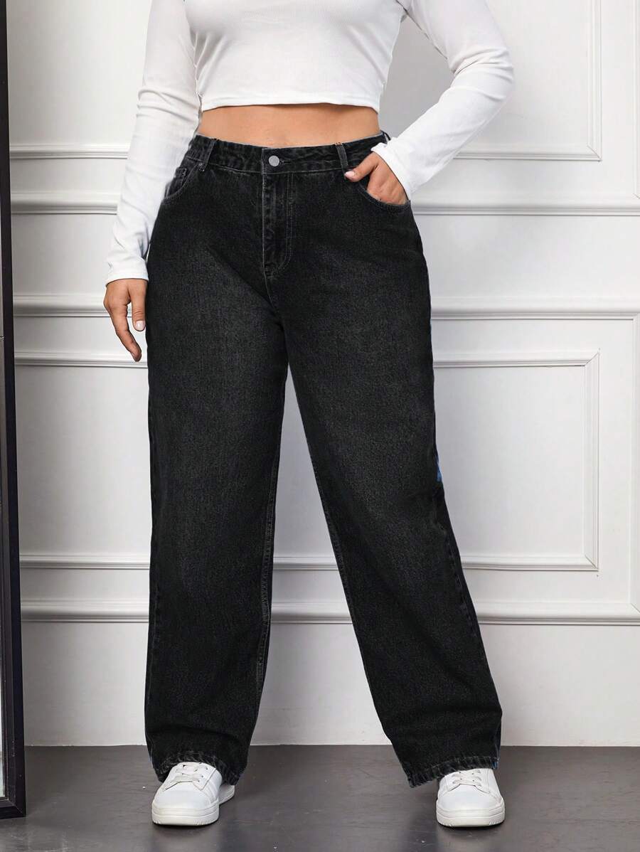 SHEIN Cottnline Plus Size Solid Color Jeans - Black - View 1