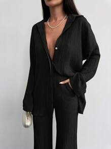 SHEIN Cottnline Solid Button Front Shirt & Wide Leg Pants - Black - View 3