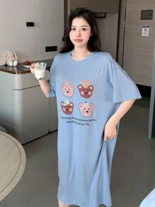 DAZY Bear & Slogan Graphic Drop Shoulder Lounge Dress Pajama