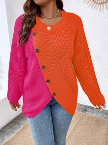 Calvaya Áo len chui đầu tay raglan phối hai tông màu, vạt áo bất đối xứng, chất liệu dệt kim, thích hợp cho mùa thu đông. - màu nâu - Xem 3