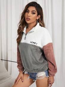 Muchica Embroidery Letter Colorblock Teddy Half Placket Pullover,Long Sleeve Tops In Fall/Winter - Multicolor - View 6