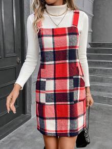 SHEIN LUNE 格紋印花雙口袋背帶洋裝無毛衣 - 紅色 - 查看 3