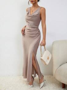 SHEIN BAE Draped Collar Split Thigh Dress - Khaki - View 3