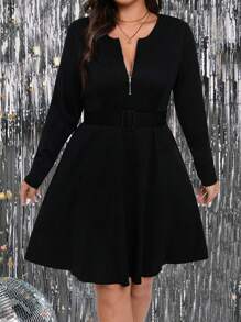 SHEIN LUNE Hơn Dây kéo phía trước Khóa thắt lưng Đầm - màu đen - Xem 4