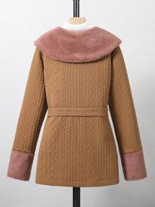 Teen Girl Borg Collar Double Breasted Belted Coat Without Sweater - Brown - View 2