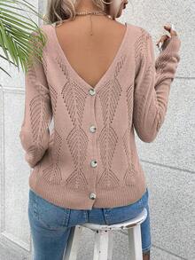 SHEIN Unity Chất rắn Cổ v Dệt kim chấm bi Thả vai Áo len - Bụi hồng - Xem 2