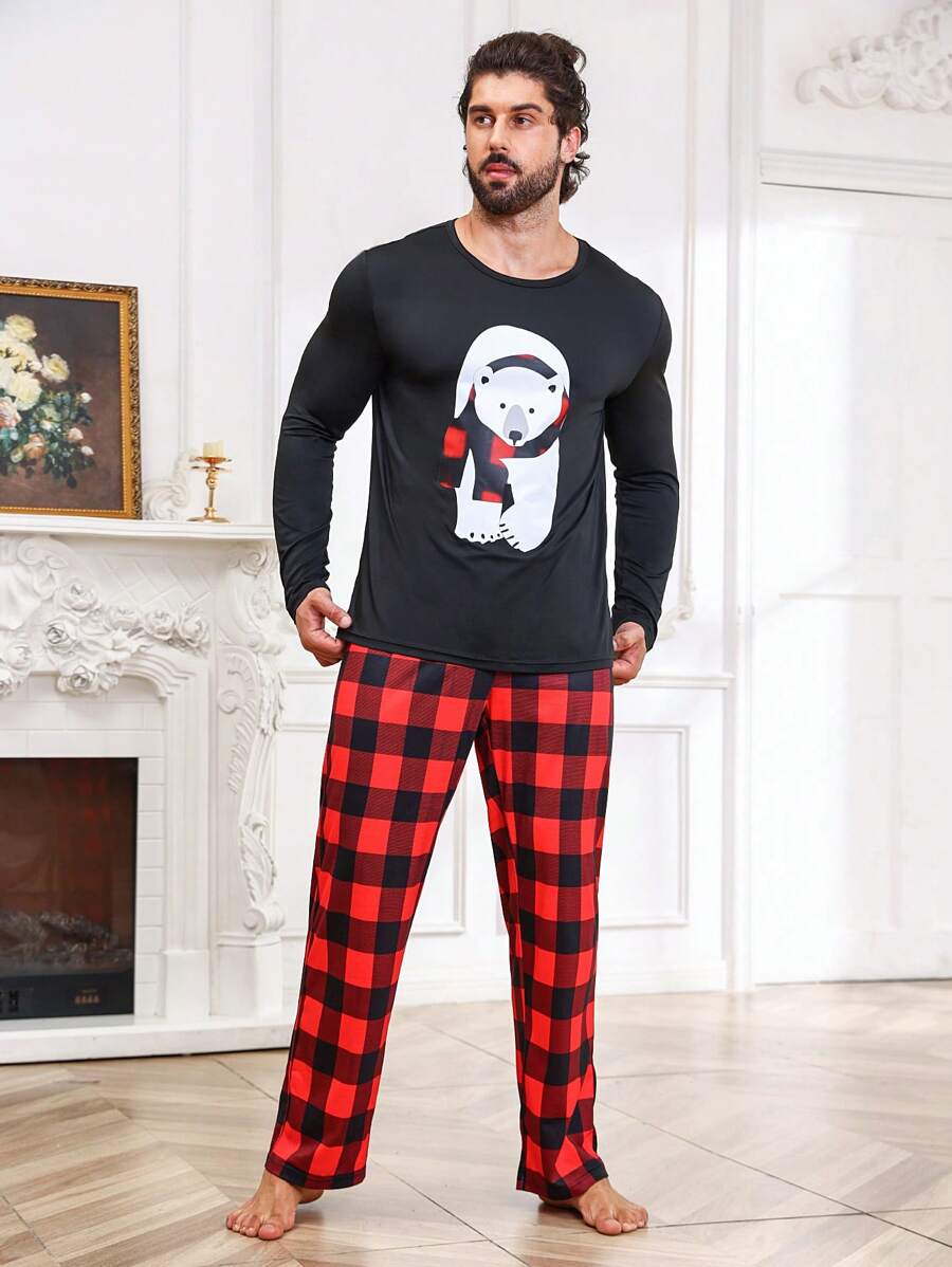 Men Bear Print Tee & Buffalo Plaid Pants Loungewear PJ Set / Pajama Set, Christmas - Black - View 1