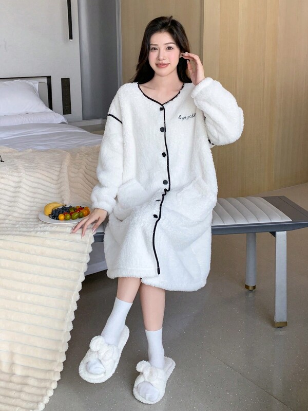 DAZY Women's Plush Homewear Dress With Letter Embroidery Fall,Winter Fluffy