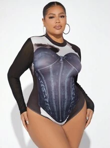 Allurite Plus Graphic Print Bodysuit Fall Cloth For Women - Black - View 1