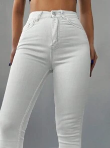 SHEIN Cottnline Jeans ajustados unicolor con cremallera - Beis - Ver 4