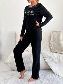 RueChic Floral & Slogan Graphic Ribbed Knit Lounge Set - Black - View 5