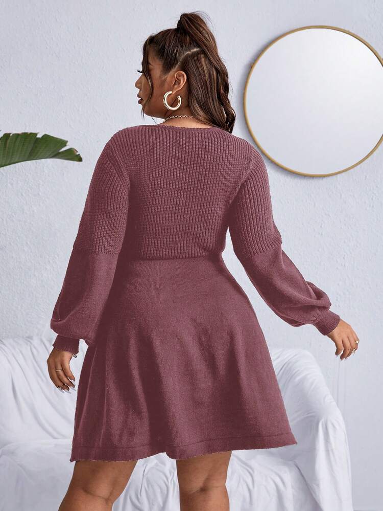 Celure Plus Ribbed Knit Lantern Sleeve Sweater Dress Without Belt - Dusty Pink - View 2