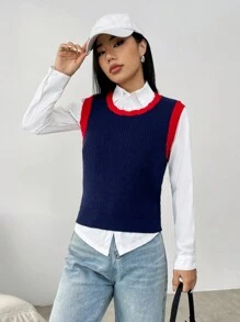 SHEIN Unity 拼接邊毛衣背心不帶襯衫 - 藏蓝色 - 查看 5