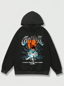 ROMWE MEN Street Life Hombres Capucha con estampado de slogan y figura con cordón - Negro - Ver 1