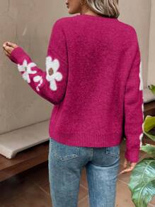 EMERY ROSE Suéter de hombros caídos con estampado floral, parte superior de punto de manga larga para otoño e invierno, Navidad - Rosa Fucsia - Ver 2