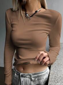 DAZY 纯色圆领保暖长袖女式上衣，带保暖内衬 - 卡其色 - 查看 2