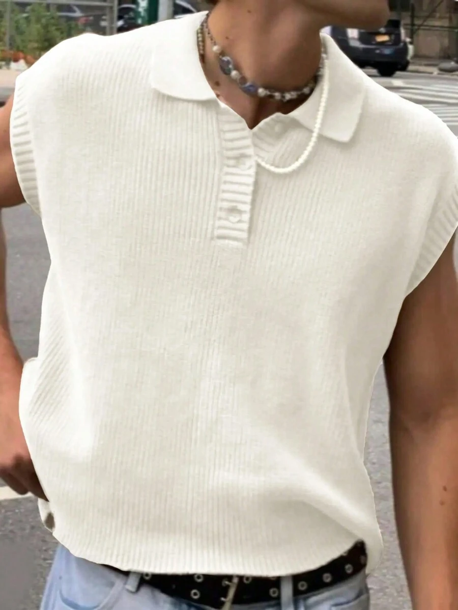 Manfinity Hypemode 男士素色條紋針織毛衣背心 - 白色 - 查看 1