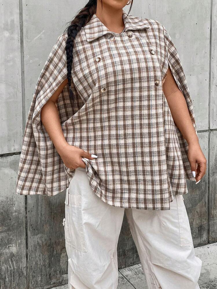 Plus Plaid Print Cloak Sleeve Overcoat