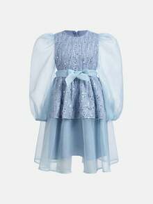 SHEIN 女大童網紗拼接泡泡袖繫腰帶洋裝 - 粉色 - 查看 2