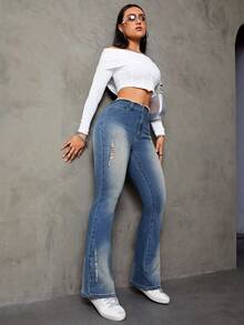 SHEIN ICON Jeans de pierna amplia de talle alto desgarro - Azul lavado medio - Ver 5