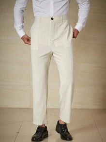 Calvornis Men Plus Slant Pocket Solid Suit Pants - Beige - View 6