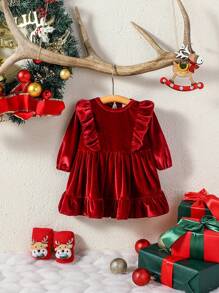 SHEIN 女嬰荷葉邊絲絨娃娃裙 - 玫紅色 - 查看 1