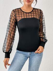 SHEIN Privé 網紗拼接拼接燈籠袖上衣 - 黑色 - 查看 4