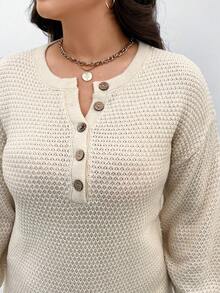 SHEIN LUNE Hơn Nút Nửa Thả vai Đầm Áo len - Màu be - Xem 3