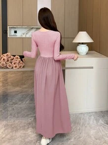 DAZY Váy hai dây viền bất đối xứng trơn kèm áo khoác Bolero, Quần áo nữ mùa thu - Hồng - Xem 2