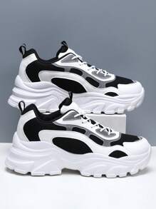 Men Lace Up Color Block Chunky Sneakers, Mesh Sporty Sneakers For Outdoor - Black and White - View 4
