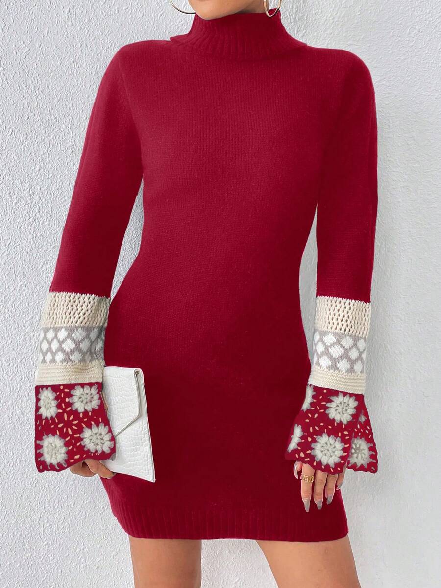 SHEIN Essnce Mẫu Geo Áo cao cổ tay áo lá sen Đầm Áo len - Màu Đỏ Sâu - Xem 1