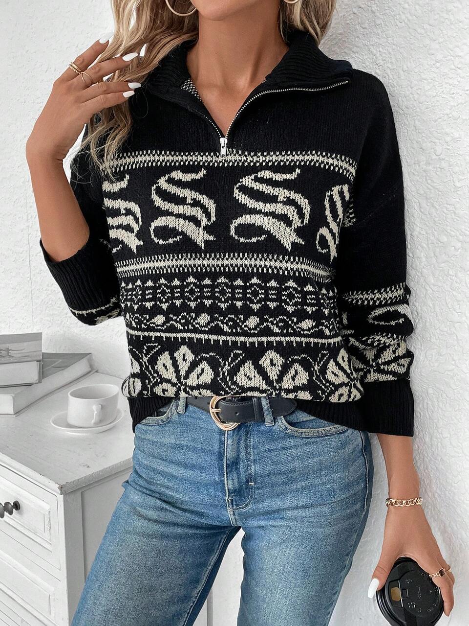 Geo Pattern Zipper Front Drop Shoulder Knit Pullover Fall Winter Sweater