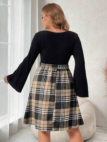 SHEIN Franclia 大碼格紋印花繫腰帶洋裝 - 卡其色 - 查看 2