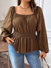 SHEIN CURVE+ Plus Leopard Print Lantern Sleeve Peplum Blouse - Multicolor - View 5