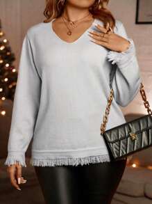 SHEIN LUNE Plus Solid Raw Trim Sweater Knit Pullover Fall Winter Outfit - Apricot - View 1