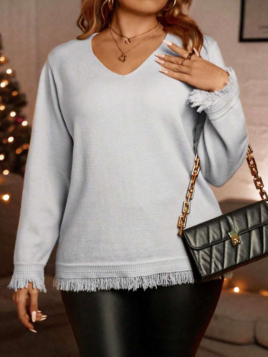 SHEIN LUNE Plus Solid Raw Trim Sweater Knit Pullover Fall Winter Outfit - Apricot - View 1