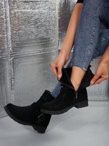 Side Zipper Buckle Strap Short Boots, Black - Black - View 6