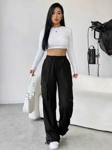 SHEIN Unity Flap Pocket Side Drawstring Waist Cargo Pants - Black - View 5